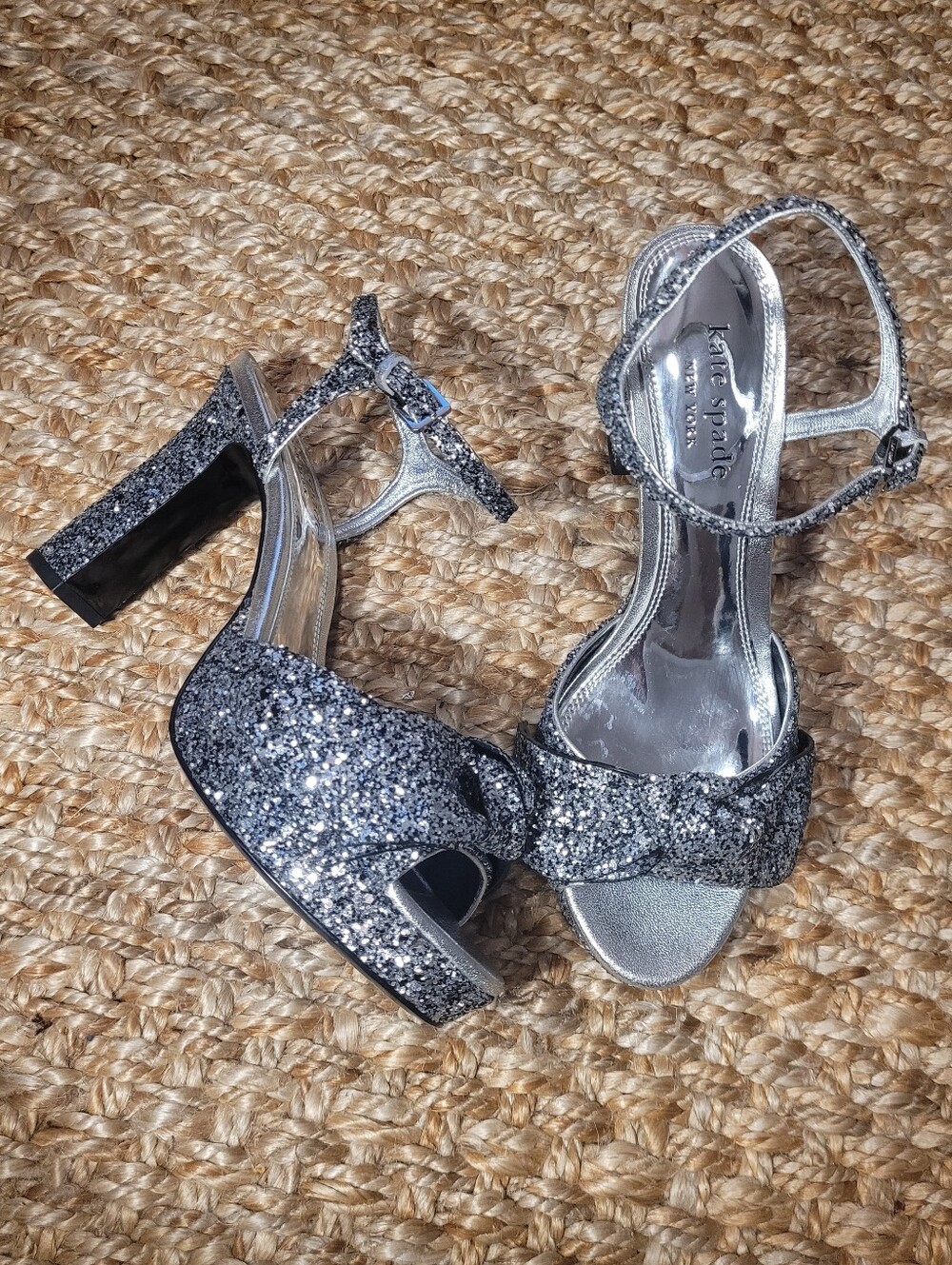 Kate Spade New York Miya Silver Glitter Knot Bow Platform Block Heel Sandals 9B